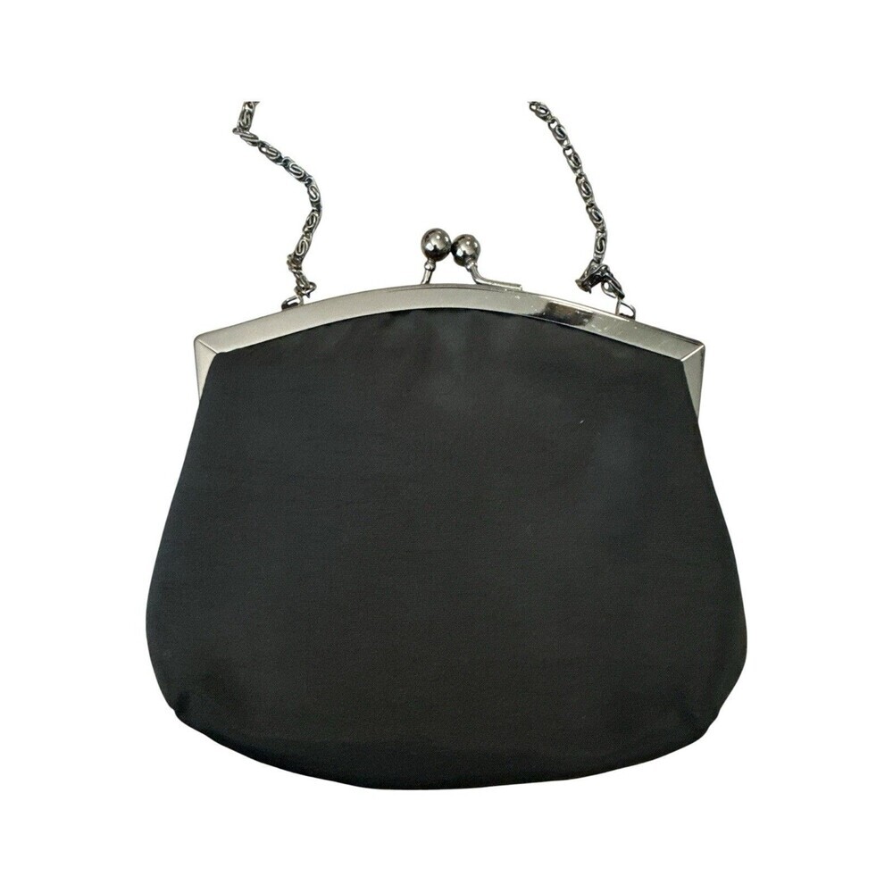 Lulu Townsend Black Rosette Evening Bag Satin Clutch Chain Strap Kiss Lock Purse - Picture 3 of 9